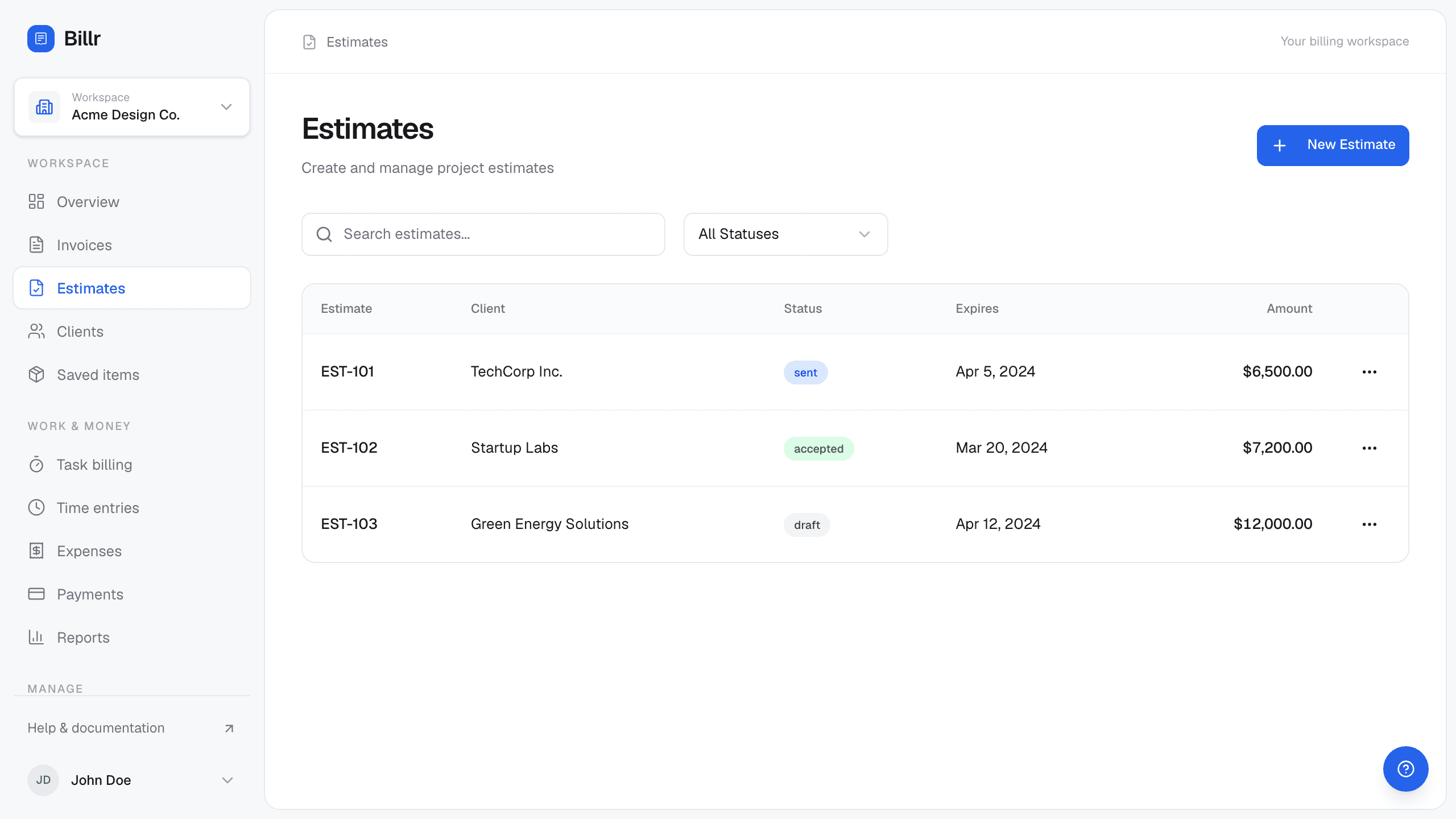 Billr estimates screen listing fictional quotes with their client, total and status, including accepted estimates.