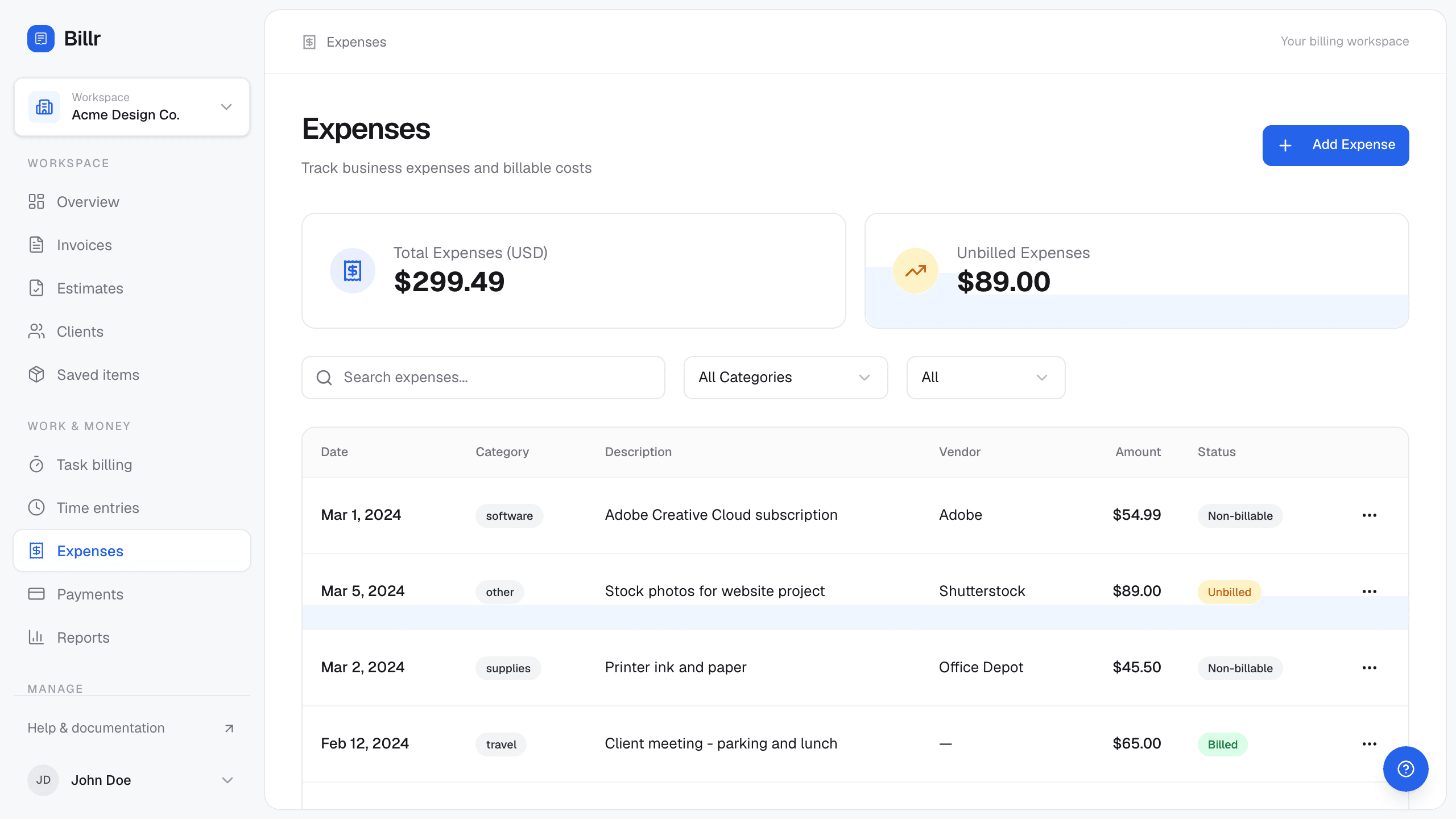 Billr expenses screen listing fictional costs with category, client, amount and whether each one is billable.