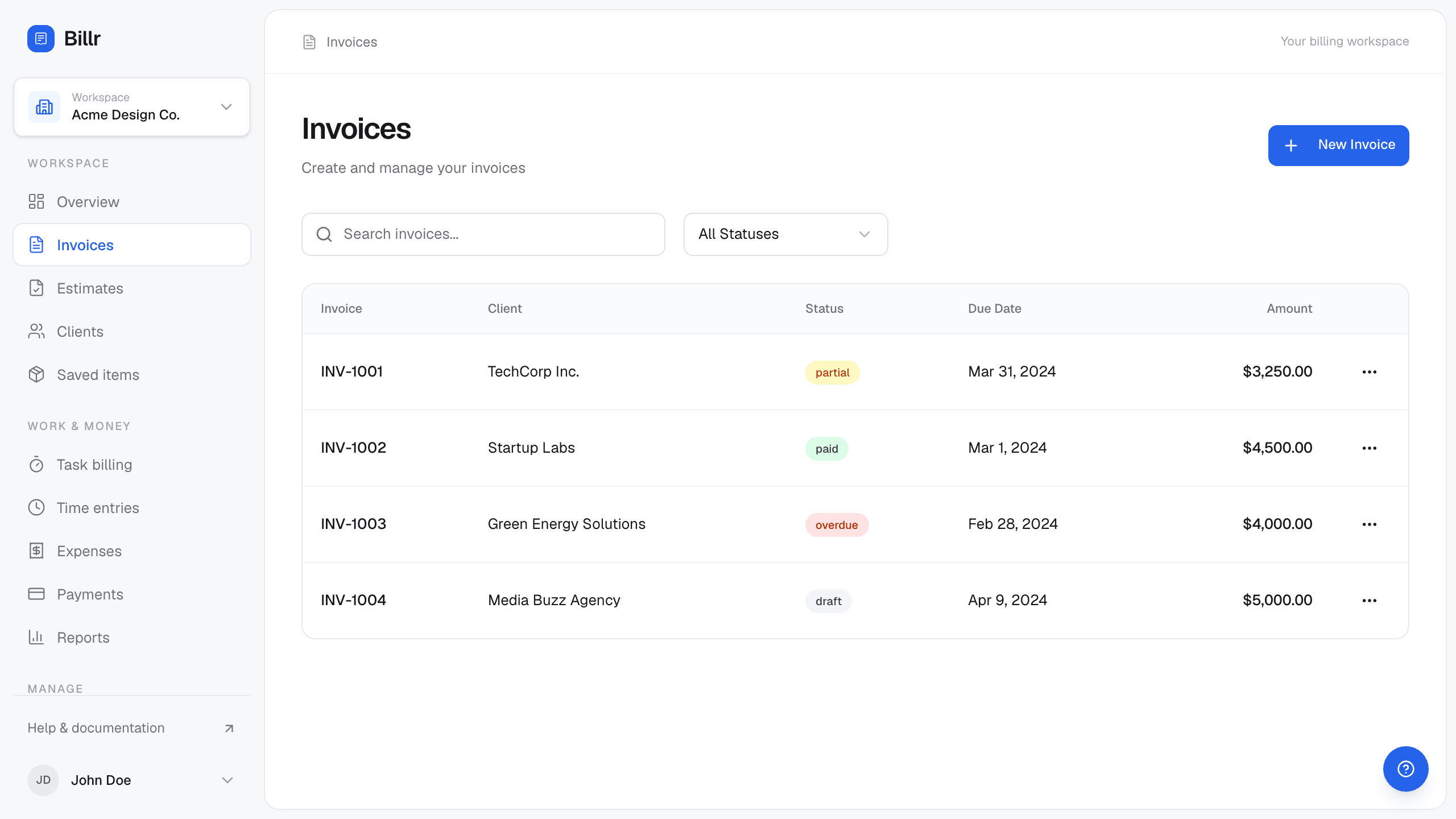 Billr invoices screen listing fictional invoices with client, status, due date and balance, including invoices past their due date.