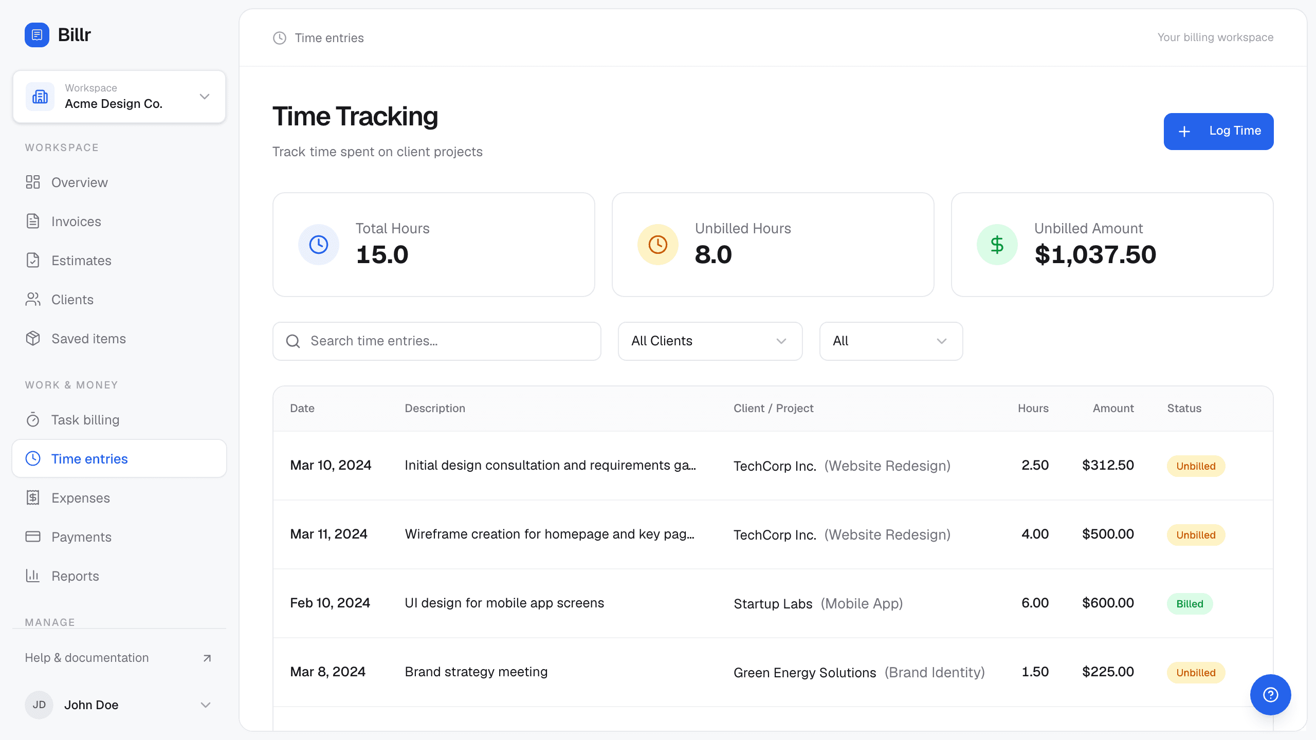 Billr time entries screen showing dated fictional entries with client, hours and amounts, alongside their billed or unbilled state.